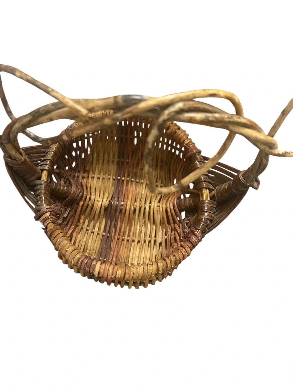 vintage French wicker foraging butt basket, a unique, twisted vine handle. 9X6X8